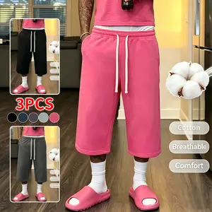 3-pcs men’s soft, breathable athletic sweatpants with cotton lining, elastic waistband featuring a white drawstring, and side pockets; can be paired with T-shirts, tank tops, and casual slides, suitable for relaxing at home in summer. wear daily