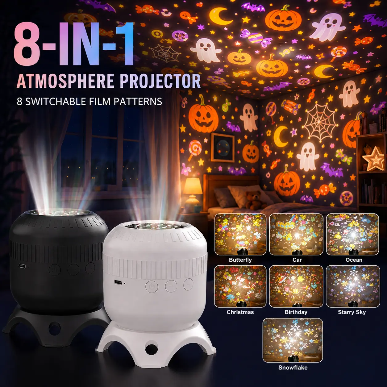 8-IN-1 Projector Light, New Christmas Birthday Holiday Atmosphere Light, Interchangeable Films Starry Sky Projector, Kids Fun Night Light, Ideal Holiday Gift for Children
