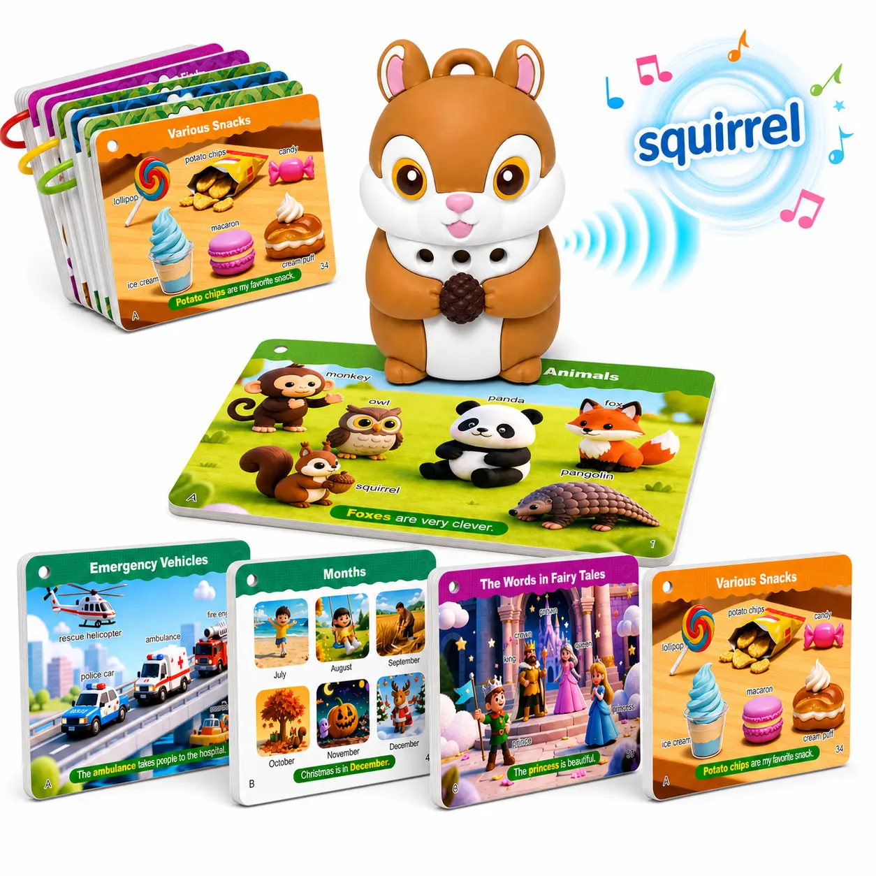 Talking Flash Cards with Reader Squirrel for Kids Ages 4-8, Learn to Read with 629 Words, Educational Toy for Kids, Kindergarten Preschool Learning Activities - Flashcards