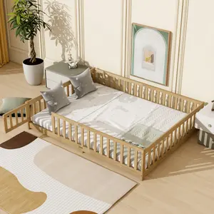 Queen Size Rubber Wood Platform Floorbed - Fenced Toddler Bed with Safety Rails, Door and Slats