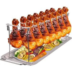 Chicken  Rack for Grill with Drip Tray, 14 Slots Stainless Steel Chicken  Rack, Drumstick Holder Roaster Stand for  Grill Oven, Picnic, BBQ Accessories