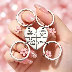 Mother Daughter Keychain Set – 3/4pcs Matching Heart Puzzle Keychains with Pink Flower Charms and Pink Velvet Pouch , Big Sister, Mid Sister, Little Sister, Gift Bag Included, Perfect Mother's Day, Birthday & Family Gift