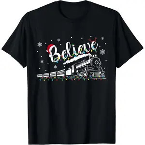 Believe Train Christmas North Pole Polar Express Family T-Shirt, 100% Cotton, Single Side Printed, Black Short Sleeve T-shirt, 1 pc, Christmas Halloween Thanksgiving Gift