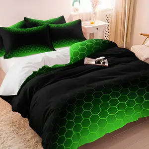 Black Green Gradient Honeycomb Duvet Cover Set and 1-2 Coreless Pillowcases, Bright Green to Black Hexagonal Honeycomb Texture Design, Comfortable Soft, Technology and Coolness Bedroom Decor, Gift Choice