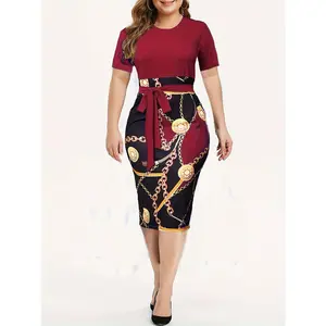 Summer Casual Short Sleeve Tie Waist Chain Print Sheath Dress - Random Print Women's Clothing For Spring