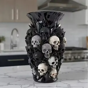 15cm Gothic Skull Resin Vase Decor, Vintage Vases, Black Skull Planter for Indoor and Outdoor Use, Vintage Dark Style Halloween Home Decoration