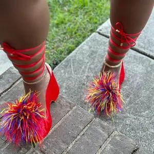 Women's Satin Wedge Sandals with Ostrich Feather Decoration - Footwear, Walking Shoes