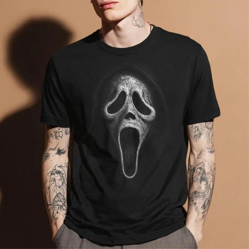Ghostface Graphic T-Shirt, Unisex Casual Basic Streetwear Top with a Shortsleeve Round Neck in Soft Cotton Blend, Tshirt, Fabric, Polyester, Thanksgiving, Easter