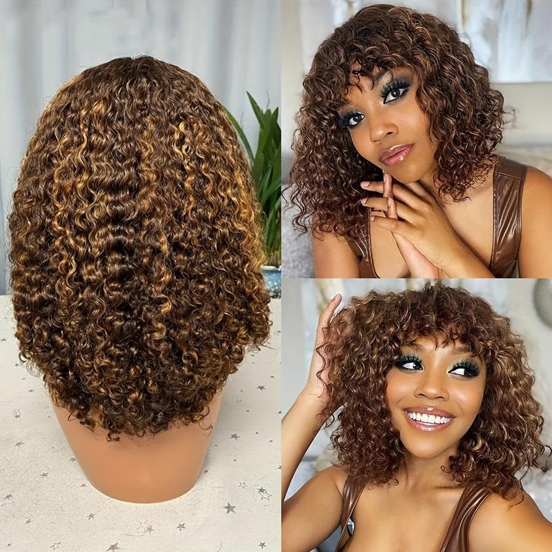 [Jerru Curly Wig] Jerru Curly Wig - 180% Density Highlight Curly Bob Wig With Bangs - Human Hair, Short, Kinky Curly, 4/27 Brown Honey Blonde Afro Curly Wigs For Black Women
