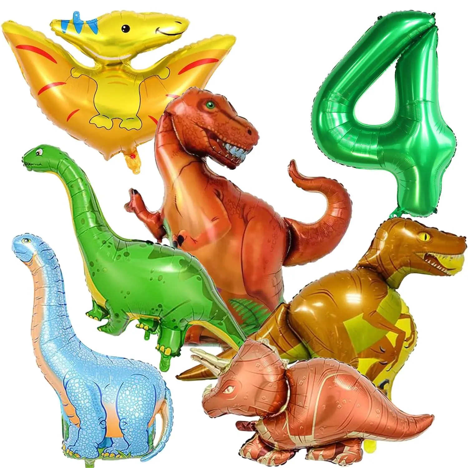 Dinosaur Balloons Set 7Pcs，40 Inch Number 4 Balloon，6 Pieces Dinosaur Balloons ，Jungle Dino Theme Party Supplies（4Th）