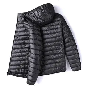Men's Black Hooded Lightweight White Duck Down Jacket - Zipper-Up Casual Warm CoatGift