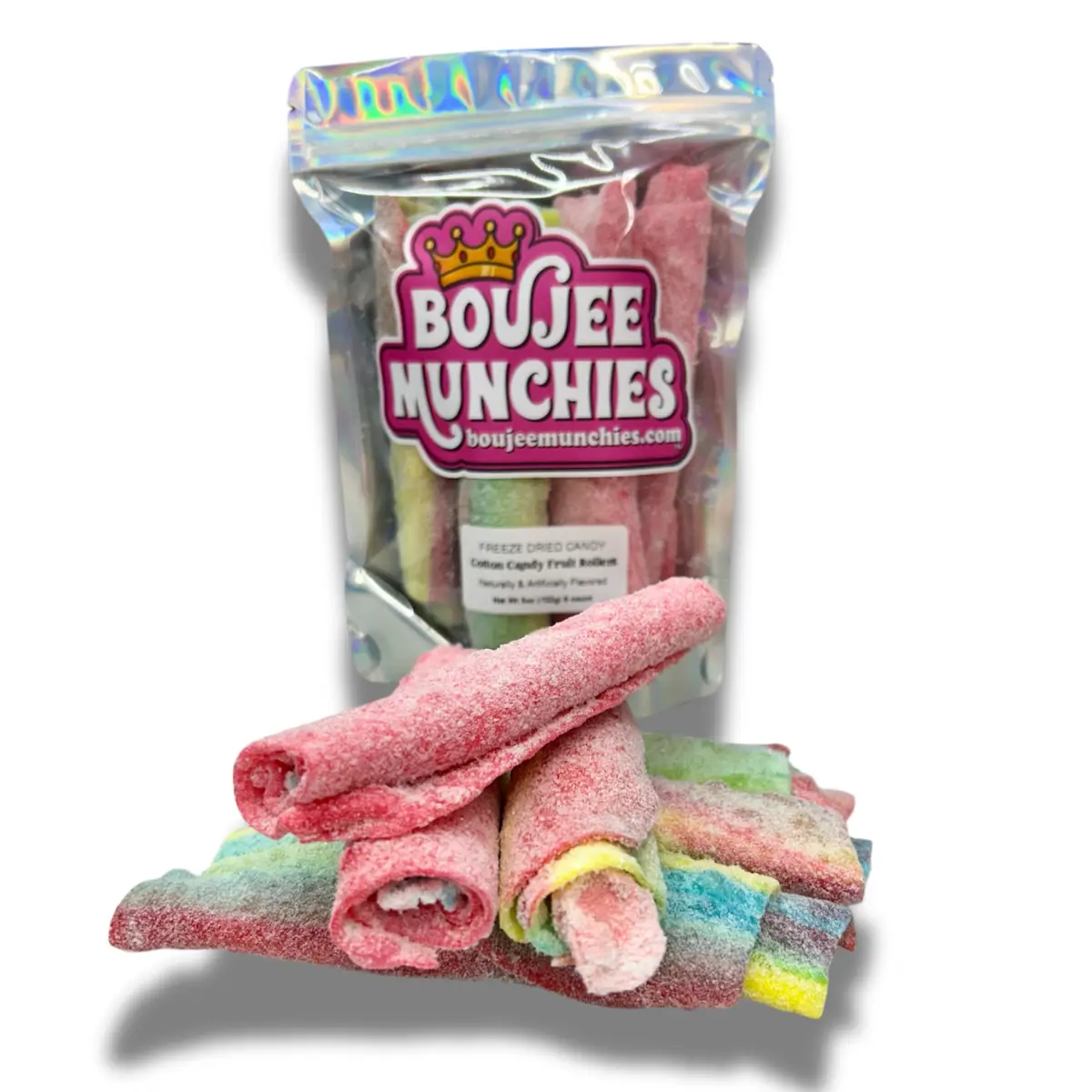 Boujee Munchies Freeze Dried Cotton Candy Rollers - Crunchy Fruit Roll-Ups Coated in Fluffy Cotton Candy Hand-Rolled with Real Cotton Candy bag satisf