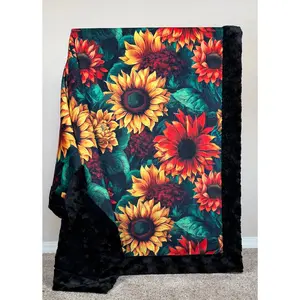 Colorful Sunflowers on Black Luxe Large 55x79 Minky Blanket