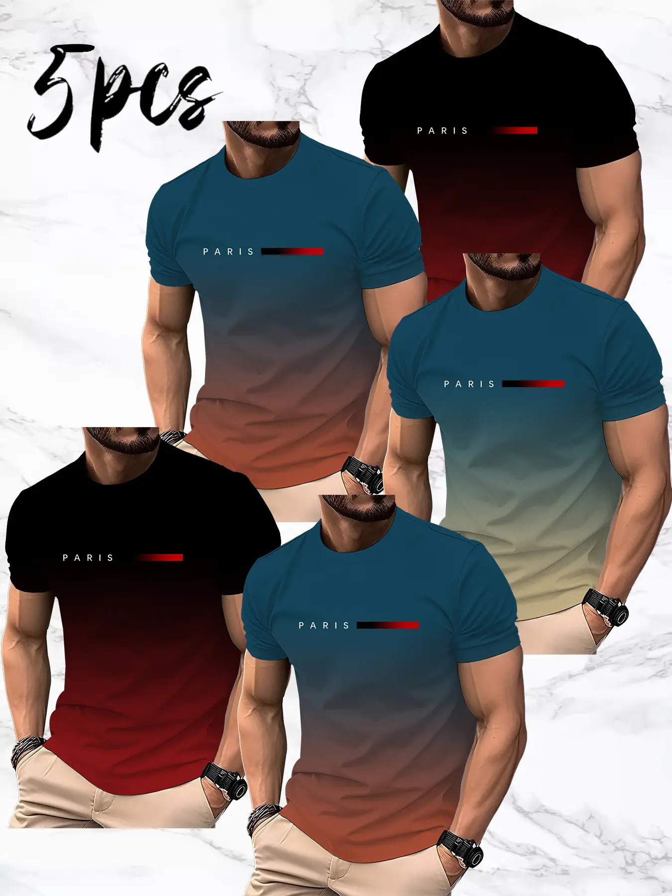 5 sets of men's short-sleeved Round neck T-shirts, made with 3D printing technology - featuring stylish letters, stripes, Gradient and Tropical design, they are lightweight and breathable, perfect for summer casual wear and outdoor activities, Menswear