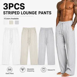 3PCS Men’s Striped Lounge Pants, Elastic Waist Drawstring Relaxed Fit Casual Pants