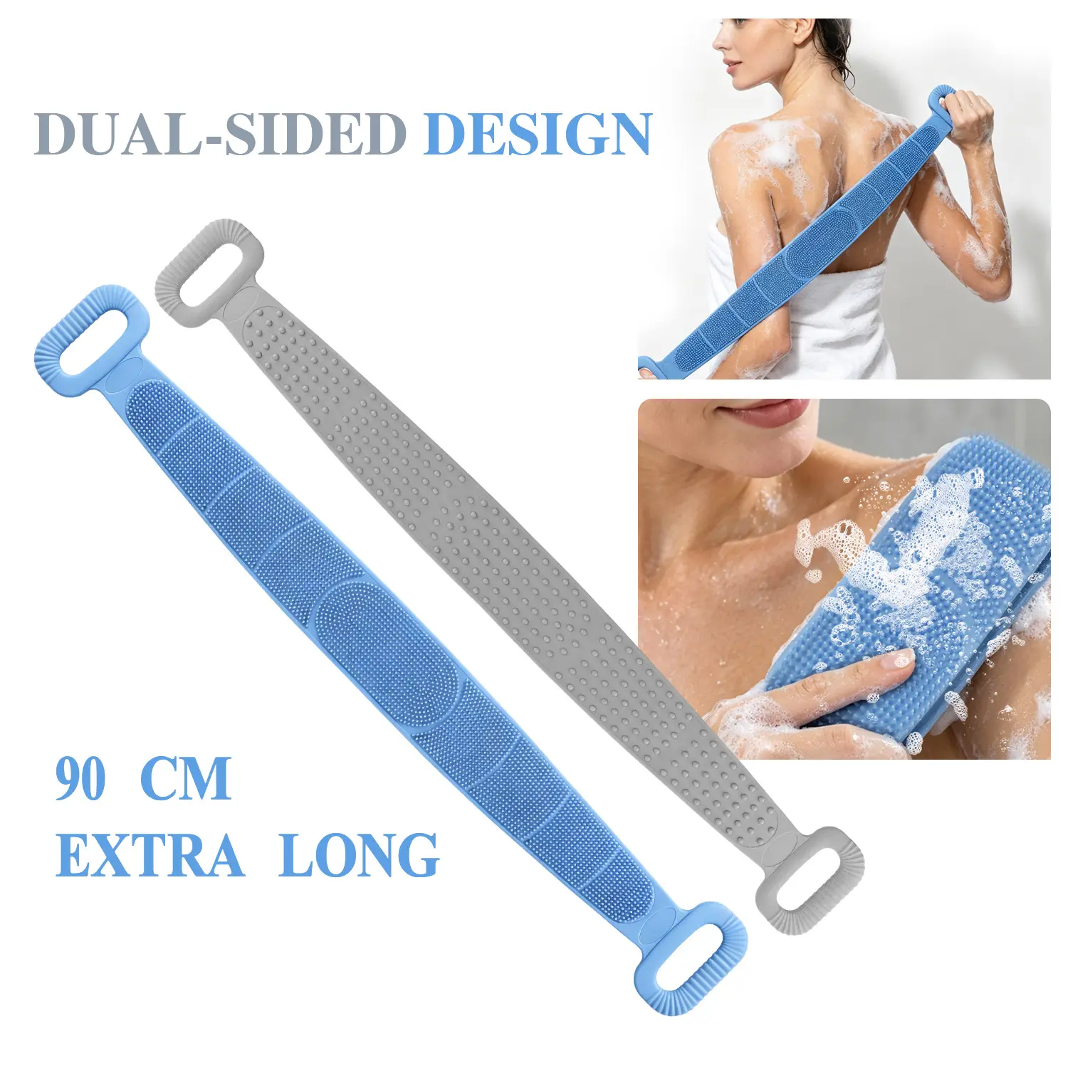 Double-Sided Food-Grade Silicone Body Scrubber Towel with Handles - 35.4x4.33in Hand-Powered Body Care Tool, 2-Color Exfoliating Pad for Adults, Child, Elderly, Stress Relief Softens Skin Bathroom Supply