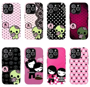 Y2k Kawaii Em0 Z0mb1e Phone Case Phone Case|Pink Black Polka Dot Skull Pattern Protective Cover For iPhone 11 12 13 14 15 16 17 Pro Max For Samsung S26 S25 S24 S23 S22-Gift Ideas For Her/Him