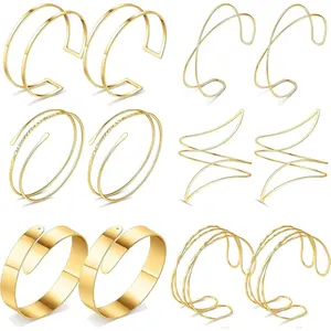 6 Pairs Gold Arm Cuff Jewelry for Women Adjustable Upper Arm Bangle Band Armlet Minimalist Wave Coil Layered Wire Arm Bracelet Set