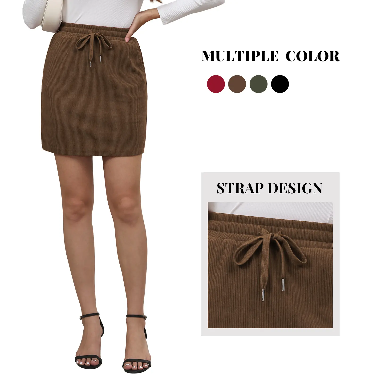 Women's High Waisted Plain Corduroy Skort - Built-in Athletic Shorts, Adjustable Drawstring, Pockets, Soft Fabric, Elegant Casual Mini Skirt, Sporty Chic Fit, All Seasons, Sizes M-2XL