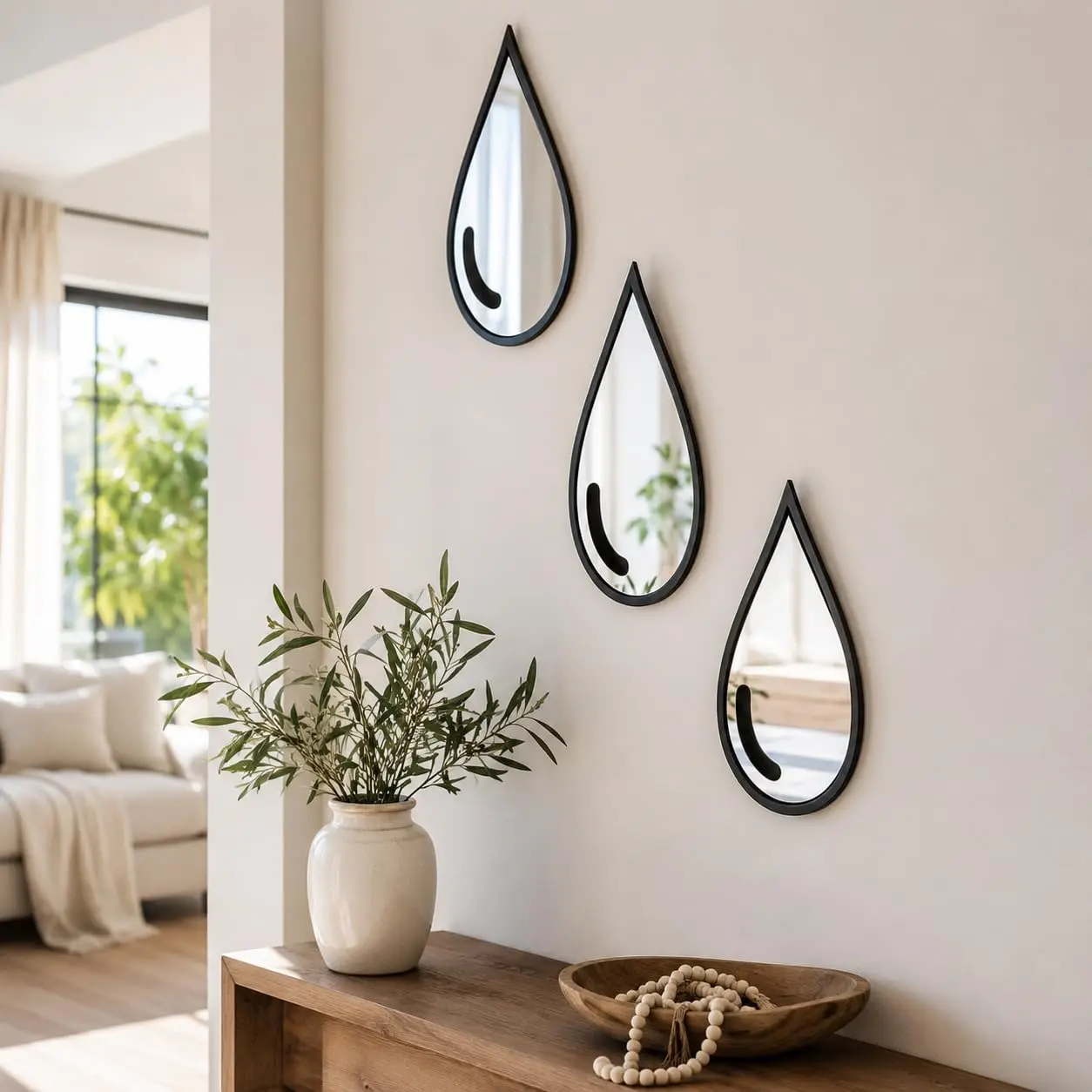 3pcs Black-Edged Acrylic Water Drop Wall Mirror, Narrow Boho Vintage Wall Art with Artistry for Apartment Home Decor