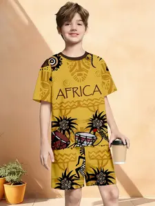 Boys' Ethnic African Totem Short Sleeve Set, Summer Streetwear Casual Two-Piece, Fitted Asymmetrical Design, Natural Waist Shorts