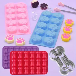 Non-Stick Food Grade Silicone Puppy Dog Paw Baking Pan with Cookie Cutter Heat Resistant Dog Bone Cookie Mold for Chocolate Candy Jelly Ice Cubes DIY Baking Tools