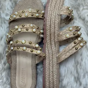 Tamara - Pearl & Gold Stud Espadrille Sandals for Women - Comfortable Slip-On Shoes with Braided Strap Design