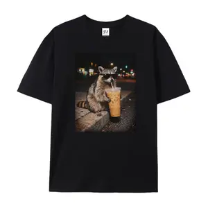 Funny Raccoon drinking Coffee MEME Oversized Casual Men's Letter Pattern Printed T-Shirt 100%COTTON