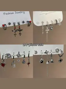24 Piece Set Love & Deep Space Dark Wing Earrings, Sweet Cool Unique Cross Starburst Ear Rings, Trendy Fashion Accessories