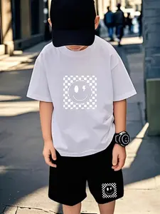Checkered Lightning Smiley Kids' Short Sets, White-Black Color Block, Boys' Street Style Trendy Breathable 2-Piece Outfit