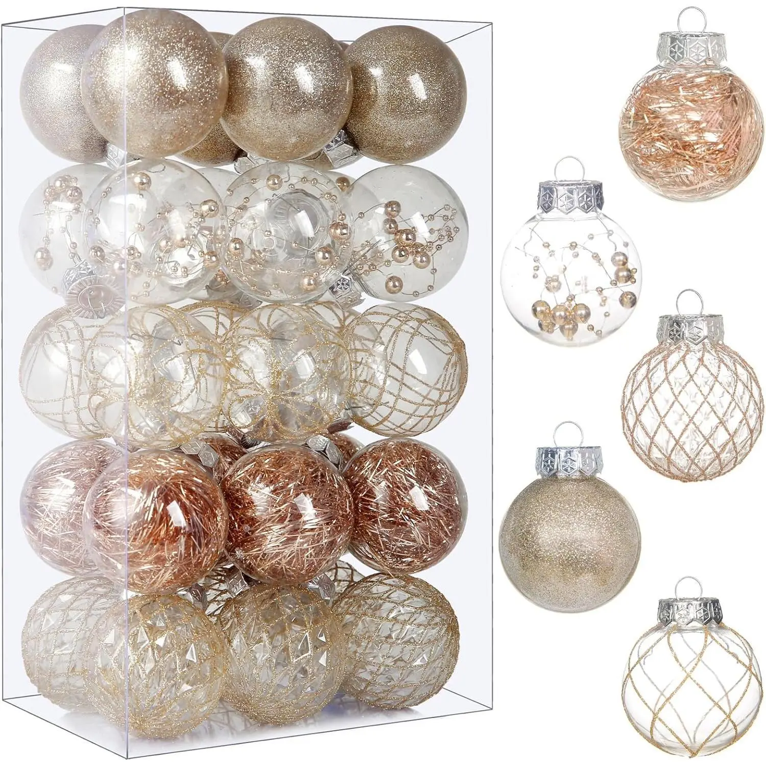 30ct 2.36 Inch Champagne Clear Plastic Christmas Balls | Shatterproof Glitter Accent Ornaments | Reusable for Xmas Tree Wreath Wedding Party Gifts Home Decor