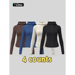 Women's Solid Color Thumb Hole Design Long Sleeve Zip Up Hooded Sports Jacket, High Stretch Sporty Comfortable Breathable Raglan Sleeve Pocket Hooded Jacket for Women, Ladies Sportswear for Indoor Outdoor Wear, Sporty Breathable Outerwear