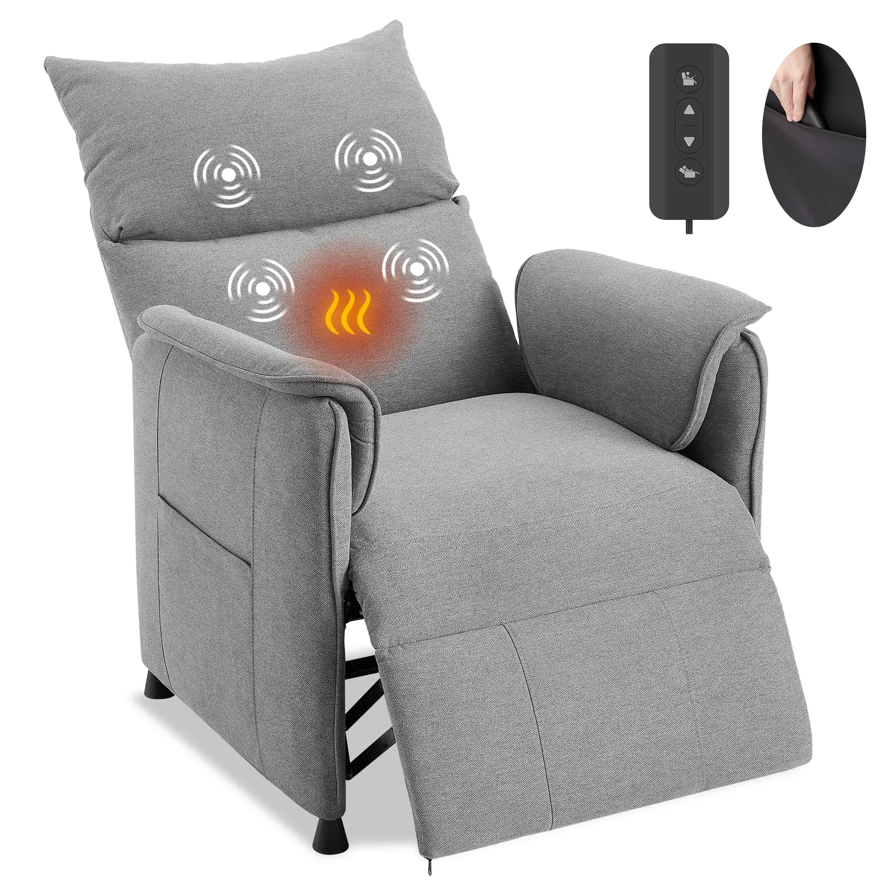 Gray Electric Massage Recliner Chair - 1-Person Modern Fabric Adjustable Armchair with Massage Heat, Remote Control, Easy Setup for Living Room, Office, One Person