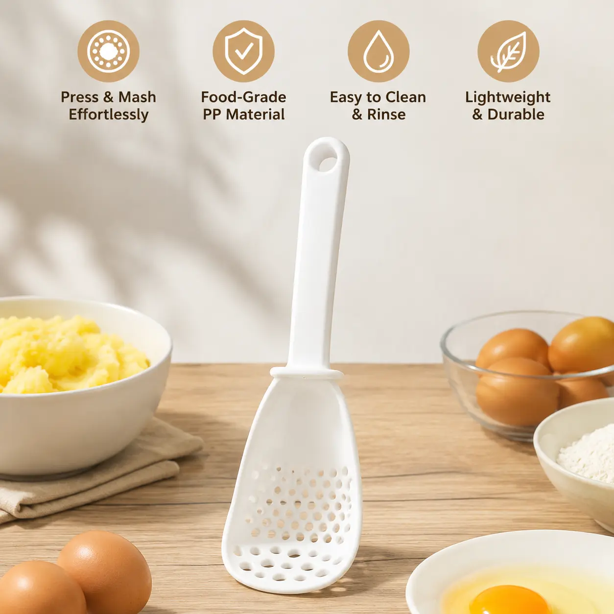 1 Count, multifunctional food grade PP kitchen strainer spoon, for mashing food, grinding ingredients, separating egg white, easy to clean for daily kitchen cooking