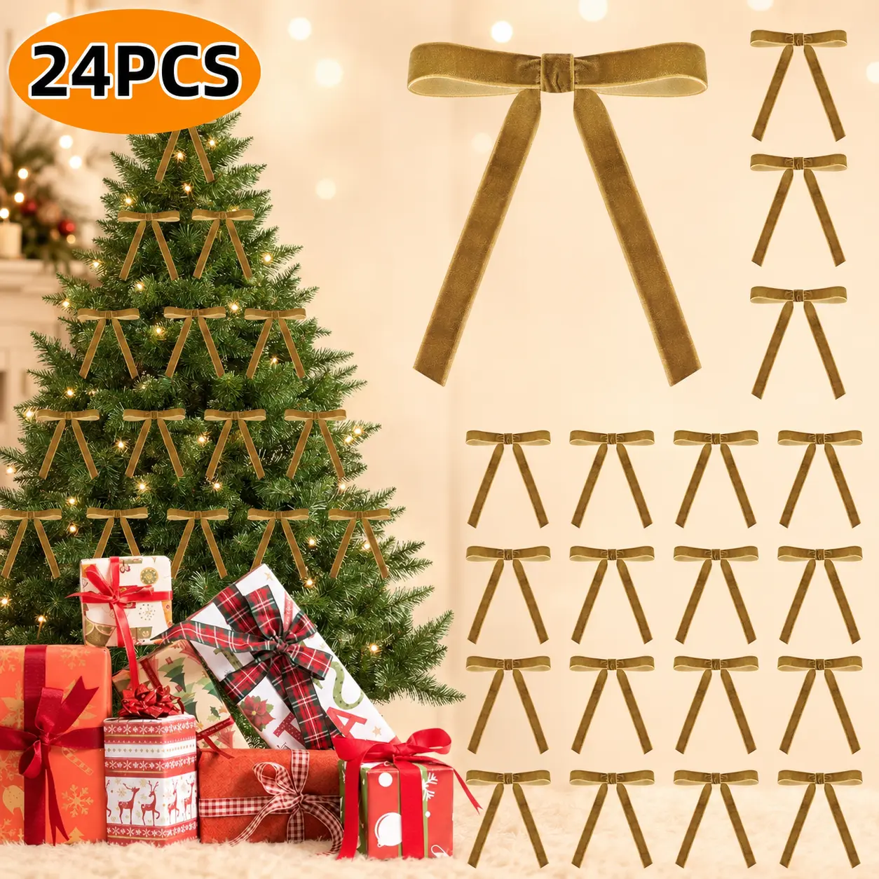 24-Piece Vintage Velvet Christmas Bows - Elegant Brown Gift Topper & Ornament Set for Holiday Tree and Home Decor