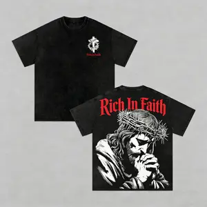 Rich In Faith - Jesus Pray T-Shirt Washed T-shirt Washed, Bible Verse Hoodie, Sweatshirts, Jesus Hoodie, Church Outfit Unisex Oversized Graphic Tee For Men and Women Aesthetic Clothes silky  graphic  tees jesus  shirts