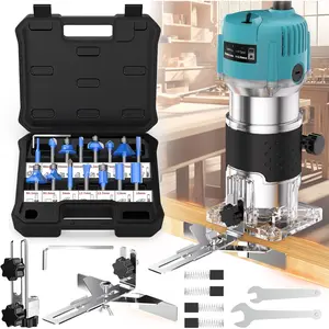 Router Tool 110V 800W Compact Palm Electric Hand Trimmer with 15 Count 1/4" Collets for Woodworking and Laminate Trimming