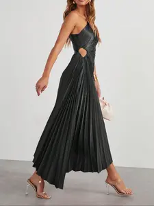 Womens Pleated One Shoulder Dress with Cutout Waist Lace Up Detail Invisible Zipper Asymmetrical Hem Elegant Bodycon Fit Formal Cocktail Satin Look Midi Dress for Wedding Guest Evening Party Vacation Sleeveless Draped Multicolor Formal Dresses