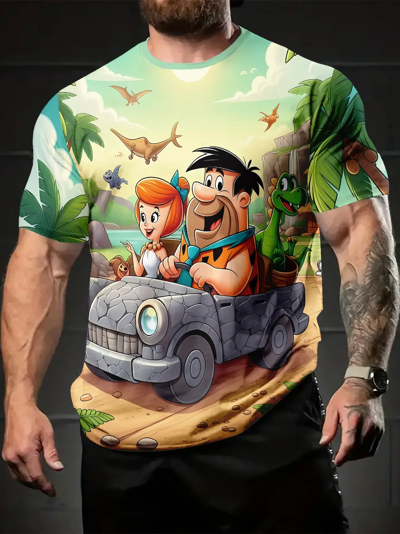 The Flintstones Self-Driving 3D Digital Printing T-shirt, a casual, versatile, and sporty men's crew-neck short-sleeve top, suitable for daily wear, is a perfect holiday gift for men.
