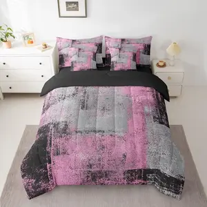 Pink and Grey 7 Piece Bed in A Bag,Pink Gray Black Comforter Set,Watercolor Ombre Bedding Set with Sheets,Grunge Abstract Bedding Comforter Sets