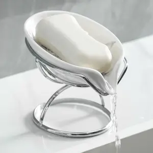Leaf-Shaped Soap Dish   Ceramic Soap Bar Holder with Self-Drainage System  Bar Soap Holder for Shower, Bathroom Sink, Kitchen  Waterfall Soap Dish with Stainless Steel Stand (SLIVER)
