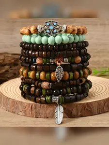 Tribe Style Stackable Bracelets for Men and Women, Wooden Beads and Leaf Design, Boho Multi-Layer Charm Wrist Jewelry, All Seasons Date Occasion