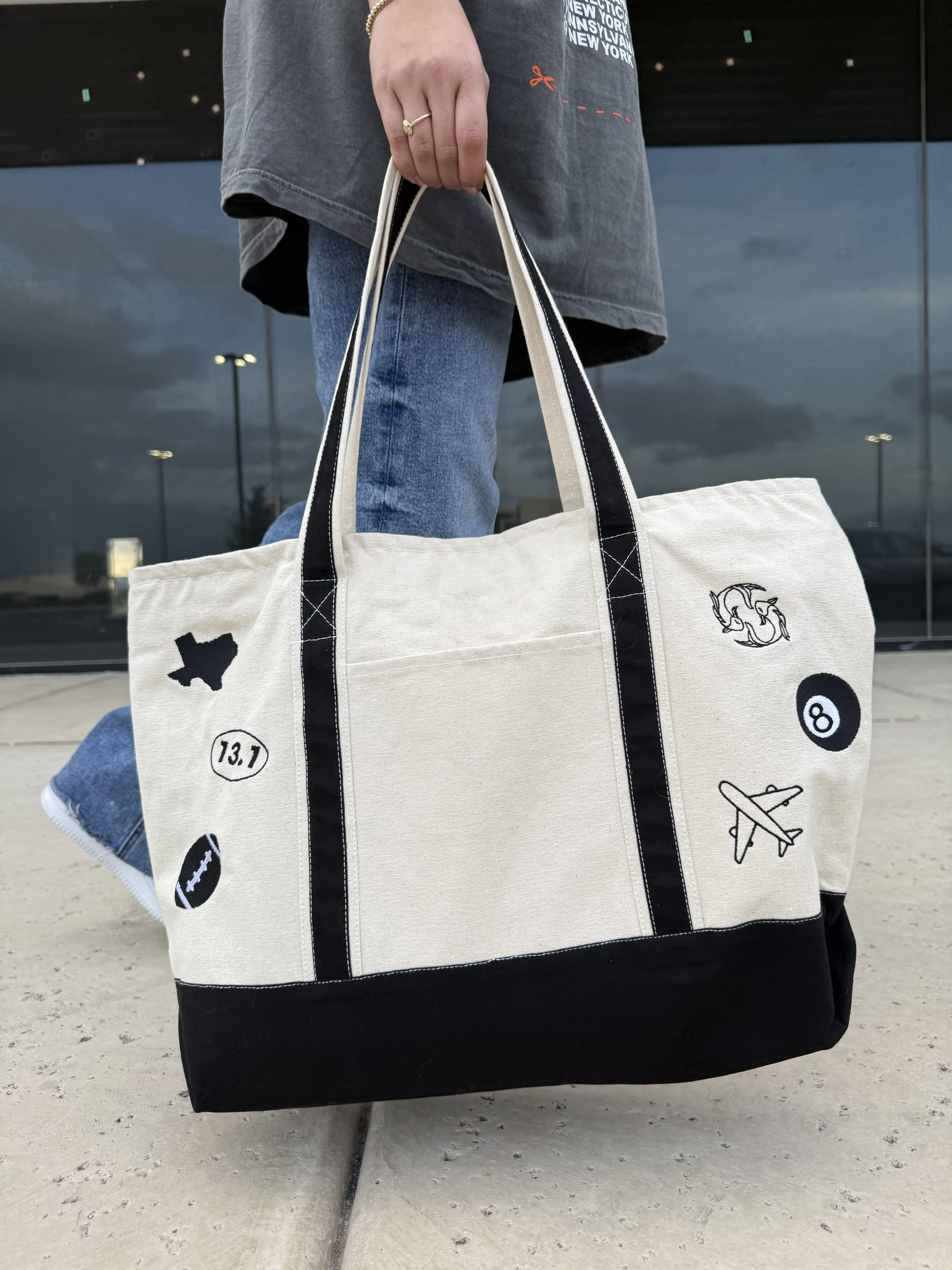 Custom Canvas Tote Bag with Cute Embroidered Icons & Charms - Unique Design, Top Zip Closure, 8.25" Drop Handles, Machine Washable, Personalized Gift