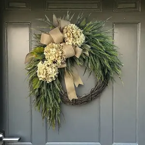 Year-Round Farmhouse Wreath with Artificial Hydrangeas & Eucalyptus - Rustic Front Door Decor, Durable Plastic Wreath for Home, No Maintenance Elegant Floral Arrangement, Perfect Housewarming Gift, Wreaths for Front Door, Elegant Bow Detail
