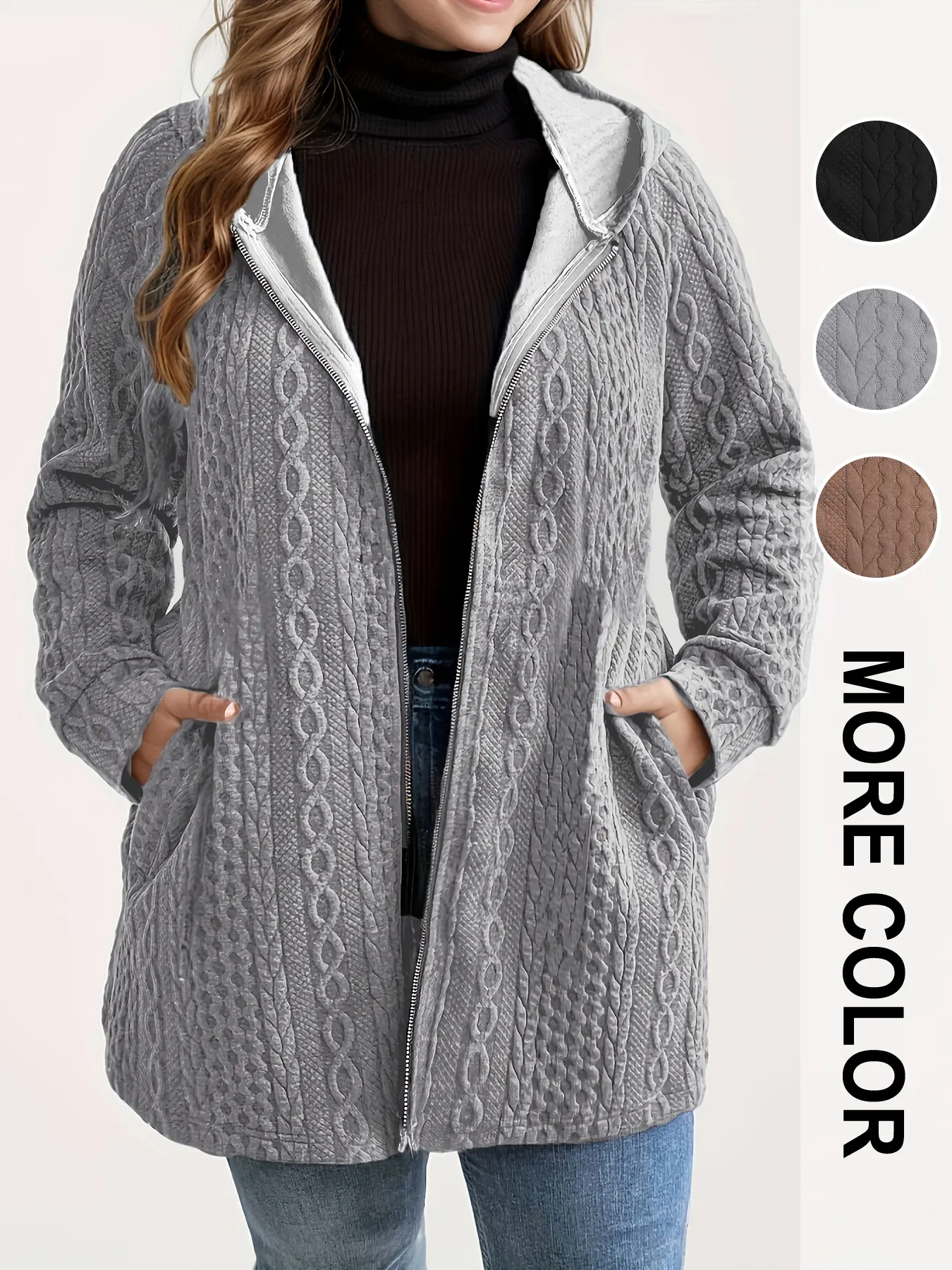 Plus Size Women's Fall Winter Casual Solid Color Loose Fit Ribbed Pocket Hooded Mid-Length Knitwear Coat, Comfortable Knit Outerwear