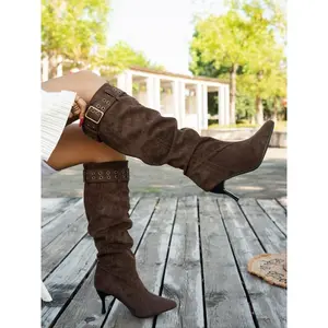 Women’s high-heel long boots, pointed-toe slim-fit stiletto boots, buckle strap knee-high riding boots for spring and fall