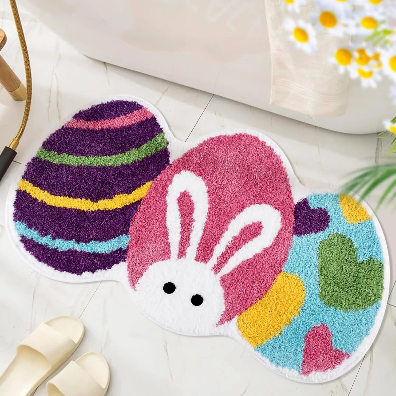 Easter Bunny Egg Carpet, Bathroom Mat, Absorbent Mat, Colorful Easter Design, Colorful patchwork egg-shaped rabbit head design, Soft comfortable and washable, room decoration mats, Suitable for bathroom entrances, bedroom bedside, Easter gift
