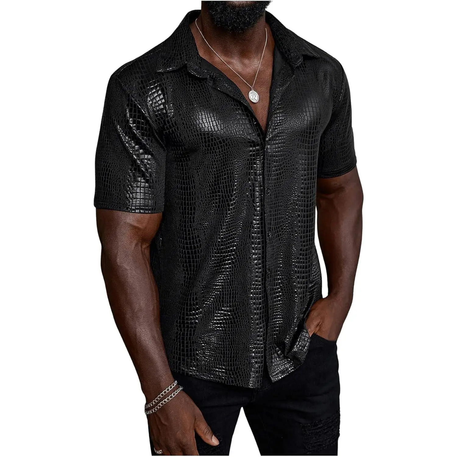 WDIRARA Men's 70s Disco Top Crocodile Pattern Button Down Shirt Short Sleeve Rave Party PU Leather T Shirt