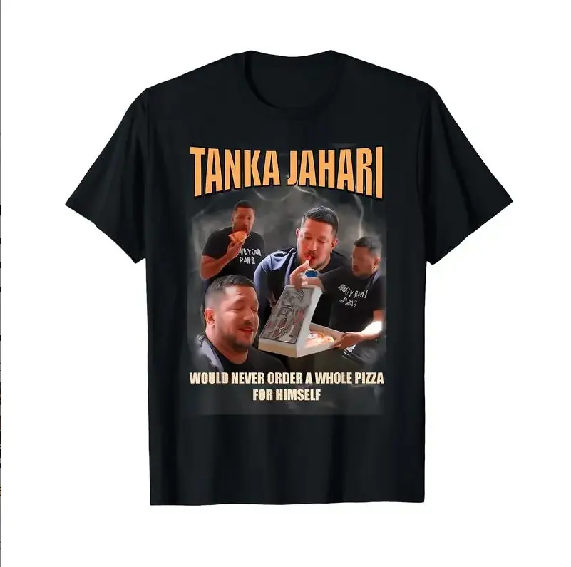 Men's Graphic Cotton T-Shirt with Tanka Jaharis Pizza Meme, Streetwear Style Short Sleeve Round Neck Tee, Shortsleeve, Casual, Cargo Pants, Sports