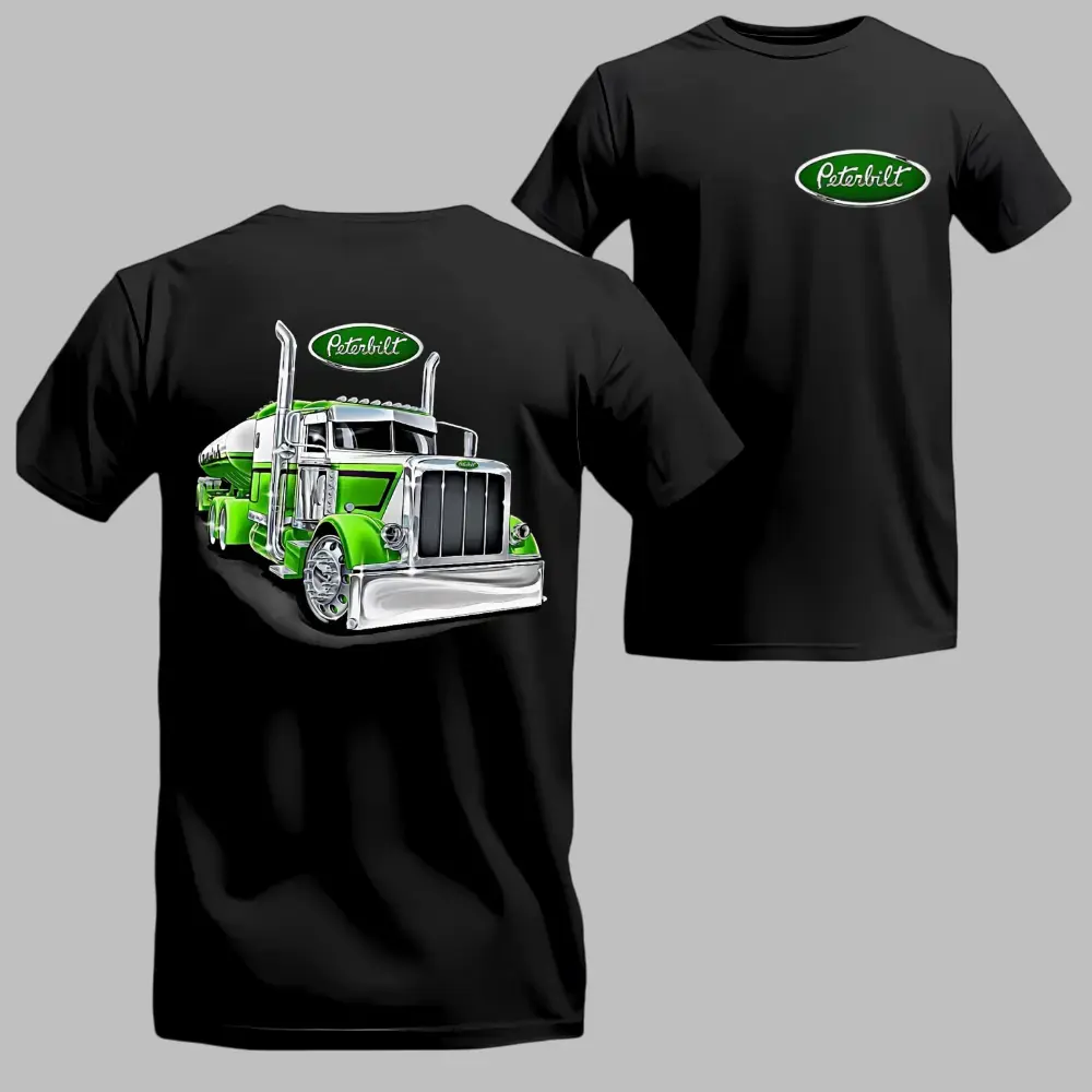 Peterbilt Big Rig T-Shirt Custom Green Chrome Semi Truck Graphic Tee Classic Trucker Style Shirt 2-Sided Logo Apparel Gift for Diesel Lovers Drivers Y2K Vibe Comfortable Unisex Tee - Casual, Man